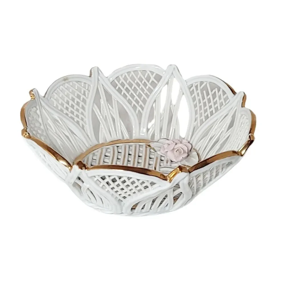 Vintage Porcelain Wicker Style Trinket Basket Floral With‎ Gold Accent 2